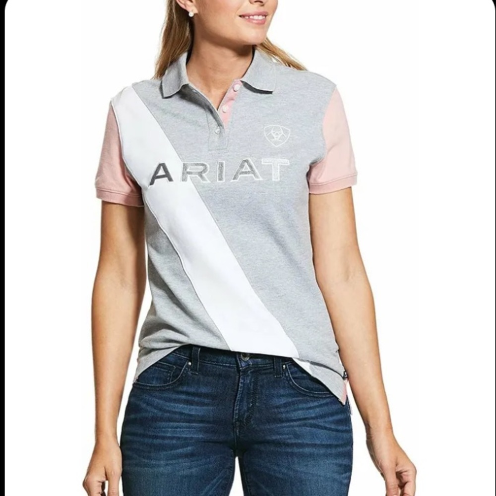 Ariat Taryn Polo Size XS Pink/Gray Embroidered Logo and Contrast Color-blocking